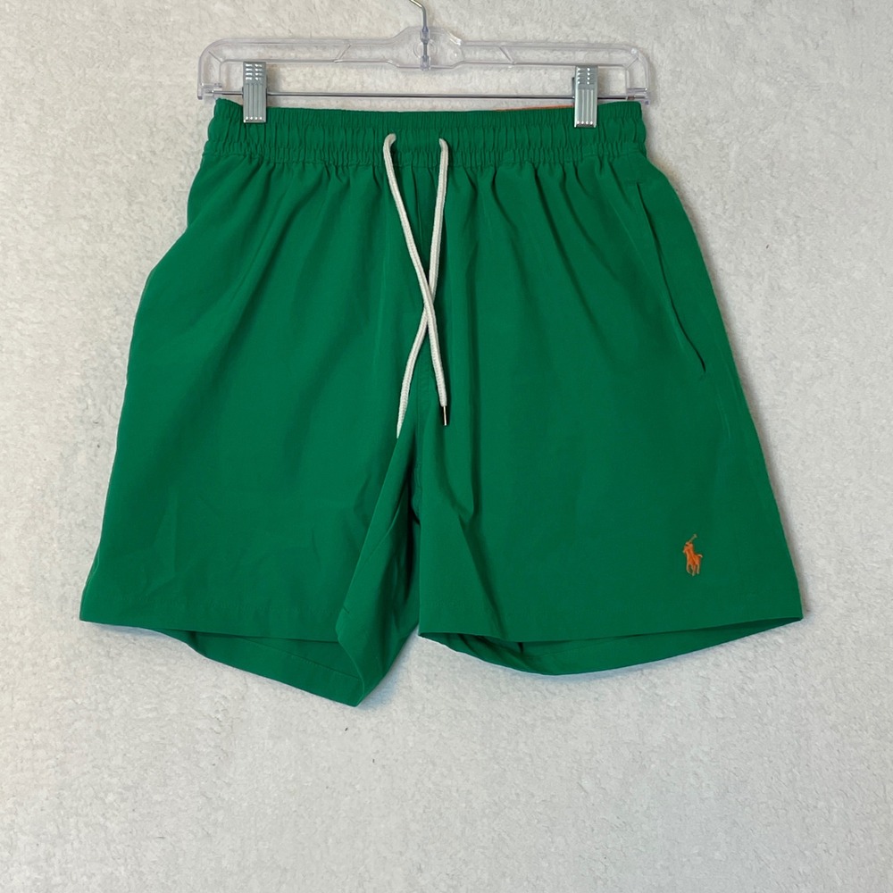 Polo Ralph Lauren Mens Green Swim Trunks Orange Pony Logo Shorts Small